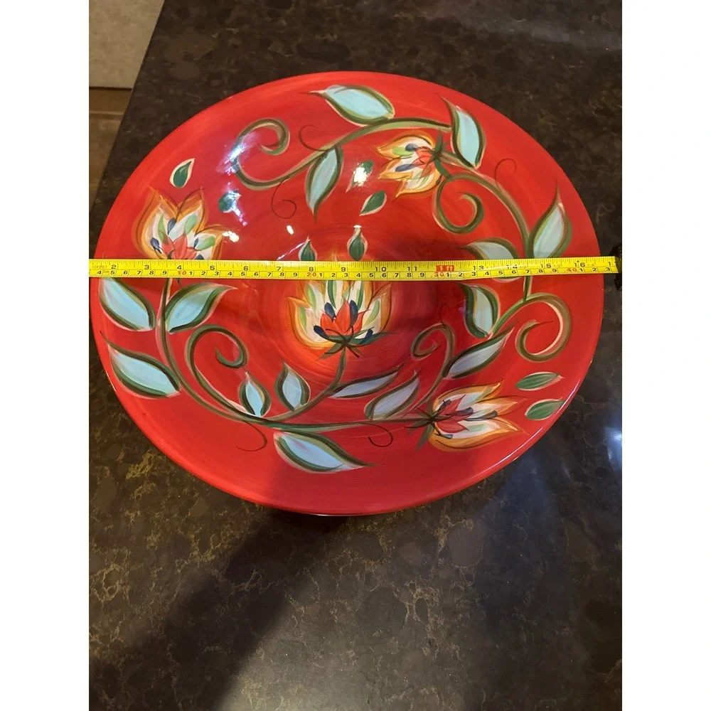Hand Painted Red Ceramic Floral Serving Bowl Large 16.5 Decorative Centerpiece